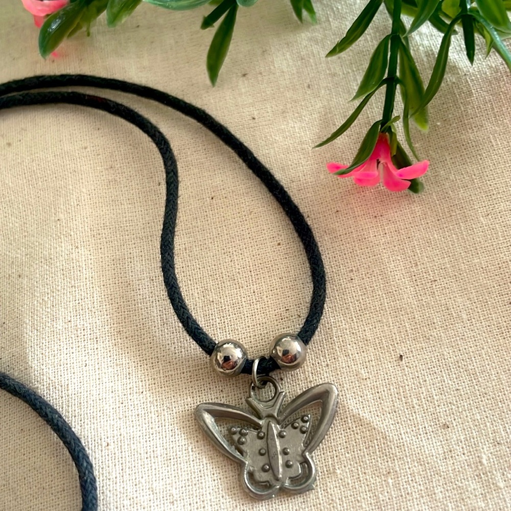 Black Rope Chain Necklace Metal Butterfly Charm Steel Beads